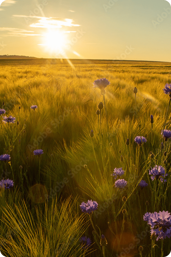 Sonnenuntergang über einem Feld mit blauen Kornblumen, symbolisiert Ruhe und Trost in der häuslichen Umgebung.